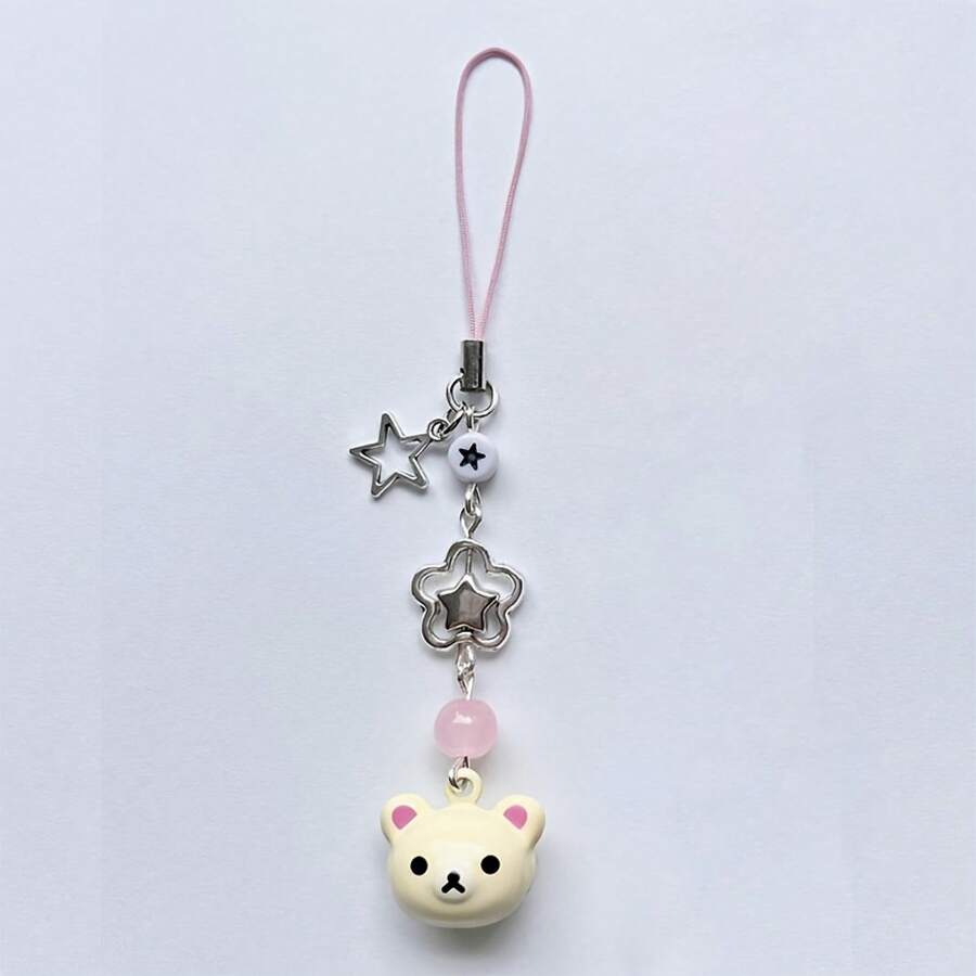 Adorable Kawaii Bear And Star Beaded Phone Charm - Cute Alloy Pendant For Keys, Bags, And Car Accessories, Bag Charm | Pastel Accessories | Beaded Chain - 白色 - 查看 1