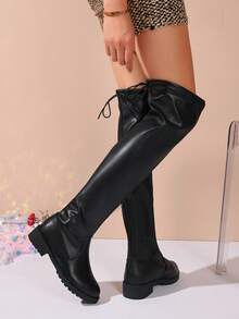 Botas Over-The-Knee com Cadarço Femininas, Moda Outerwear Outono/Inverno, Botas Tipo Montaria de Envernar, Couro PU Preto, Tubo Reto Bico Redondo, Botas de Haste Longa Afunilada