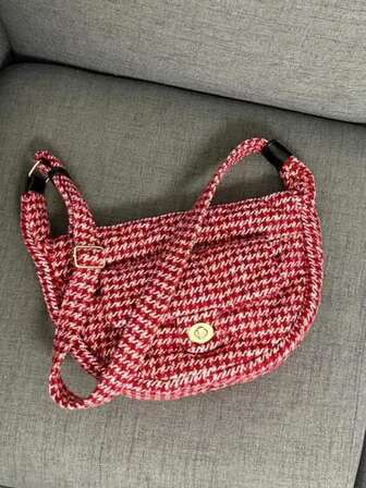 Korean Style Autumn/Winter New Casual Fashion Versatile High-Value Cute Girl Wool Blend Multi-Pocket Houndstooth One Shoulder Bag, Suitable For Outings, Commuting, Students, Large Capacity Tote Bag