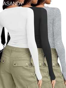 3pcs/Set Women Crew Neck Long Sleeve Solid Color T-Shirts, Slim Fit Casual Pullover Tops Spring - Black, White and Gray - View 5