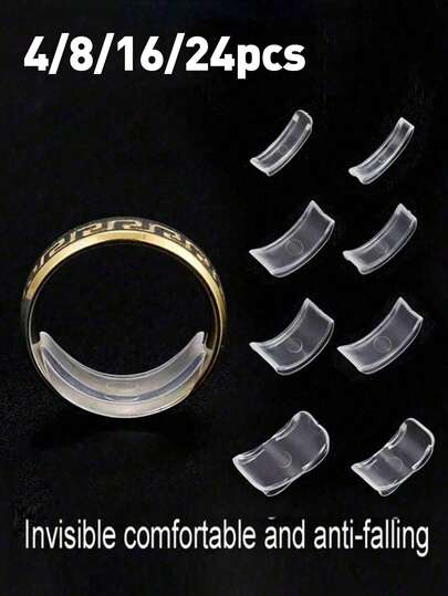8/16/24 piezas Ajustador de anillo transparente, Ajustador de tamaño de anillo invisible, Reductor de tamaño de anillo suelto de mujer Pegamento invisible, Kit de herramientas de joyería de costura DIY - Adecuado para anillos de boda y joyas, Ajuste cómodo, Protector para reducir el tamaño del anillo, Se adapta a todos los tamaños de anillos, Fijador de anillo en vivo, Ajustador de anillo, Almohadillas reductoras transparentes invisibles, Adecuado para todos