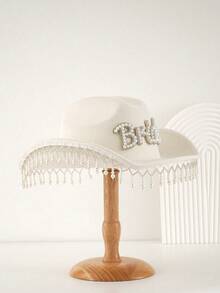 1 件女式纯白色新娘牛仔帽，珍珠流苏和“BRIDE”字母装饰，2026 年婚礼配饰，优雅造型，KJ 风格新娘帽，适合派对、西部活动、聚会、单身派对、角色扮演、化妆派对、节日、婚礼、单身派对或音乐节。牛仔帽、女牛仔帽、万圣节 - 白色 - 查看 3