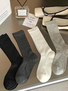 4 Pairs Women's Mid-Calf Socks, Student Style Socks In Black, White, Gray, Thin & Sweet Style Transparent Stacked Socks Suitable For Girls, Summer Breathable Striped Solid Color Cute Socks, Korean Style