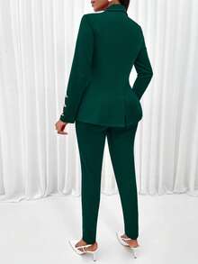 AIJ Women's Ladies' Shawl Neck Open Front Blazer & & Cami Top & Pants Three Pieces Set For Office Look - Dark Green - View 2