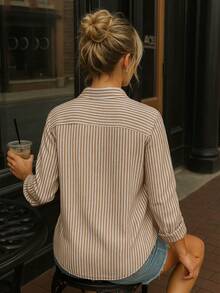 Linen Button Down Shirt Beach Cover Up Long Sleeve Striped Striped Polyester Button Holiday Daily Travel Summer - Mocha Brown - View 2