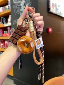 Yogodlns 精致编织面包钥匙扣，巧克力防丢面包钥匙扣，涤纶贝果吊坠挂饰，手工编织绳钥匙扣，巧克力贝果面包钥匙扣，涤纶防丢吊坠，女士礼物 - 彩色 - 查看 15