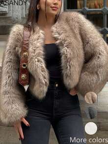 Women's Round Neck Loose Short Faux Fur Fashion Casual Jacket - Khaki - View 2