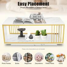 Modern White&Gold Rectangular Coffee Table (39.4*19.7*15.7in), Iron+MDF(PVC Veneer, Marble Pattern), High Gloss Surface, 55.12lb Load, 2 Tiers(Large Storage), Guardrails(Anti-Fall), For Living Room/Sofa Side/Office - 金色,白色 - 查看 8