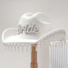 1 件女式纯白色新娘牛仔帽，珍珠流苏和“BRIDE”字母装饰，2026 年婚礼配饰，优雅造型，KJ 风格新娘帽，适合派对、西部活动、聚会、单身派对、角色扮演、化妆派对、节日、婚礼、单身派对或音乐节。牛仔帽、女牛仔帽、万圣节 - 白色 - 查看 5