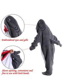 鲨鱼毯连帽衫舒适法兰绒鲨鱼睡袋沙发毯，新款卡通动物可爱趣味睡袋，成人款，动物睡衣，圣诞派对睡衣，可穿戴鲨鱼毯成人连帽衫，超柔软舒适的鲨鱼服装 - 彩色 - 查看 6