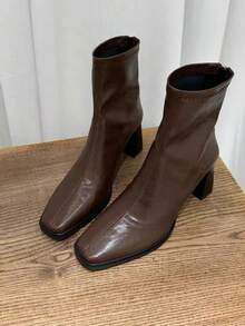 女士尖头踝靴，粗跟后拉链，黑色漆皮，踝靴/短靴，秋季，高端靴款，2025秋冬新款，优雅 - 棕色 - 查看 3