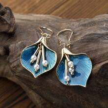 New Oil Drop Flower Earrings Korean  Imitation Pearl Tassel Long Earrings For Women Accessories - Màu xanh lam - Xem 5