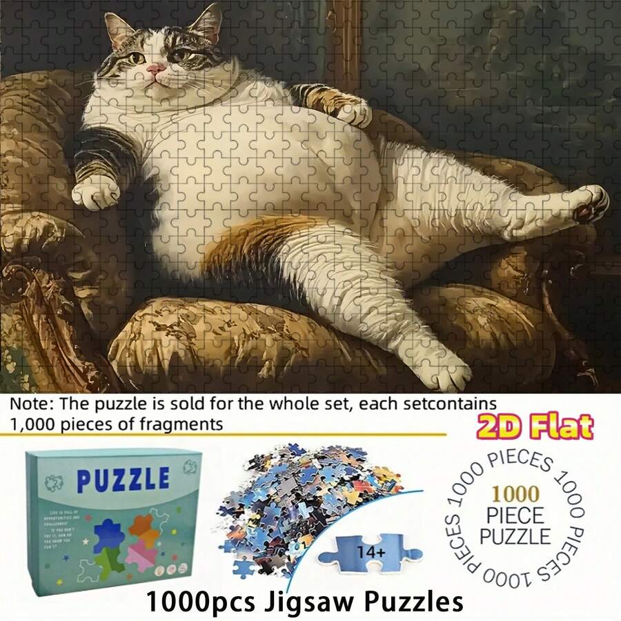 1 Caja (1000 piezas) Rompecabezas plano 2D para adultos con piezas de gato gordo, mejora la coordinación mano-ojo, regalo educativo para Halloween, Acción de Gracias, Navidad, Año Nuevo, Día de San Valentín, para mayores de 14 años, juego de rompecabezas avanzado para adultos