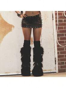 Women's Studded PU Leather Skirt Punk Style Mini Bodycon Faux Leather - 黑色 - 查看 5