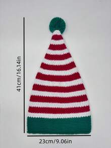 中性圣诞针织帽 - 柔软温暖的红、白、绿条纹帽子，配绿色绒球，通用圣诞派对用品和节日头饰，秋冬 - 綠色 - 查看 9
