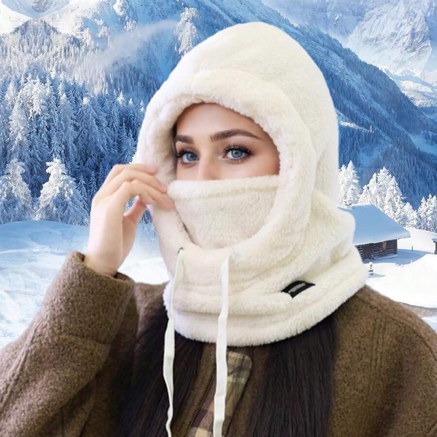 女士冬季抓绒滑雪面罩，冬季抓绒滑雪帽，防风抽绳拉法帽围巾，抓绒拉法帽滑雪面罩，保暖面罩，涤纶针织全头颈部保暖套，男女通用，轻便，手洗，无弹力面料，做工精良 - 彩色 - 查看 1