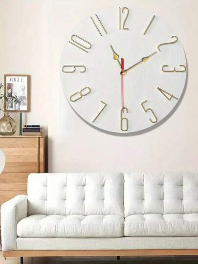 Wit Round Frameless 2D Numerals Wood Grain Silent Battery Operated Moderne Minimalist Wand Klok Living Room, Bedroom, Kitchen, Office, Classic Home ation, Perfect Birthday Room view 3