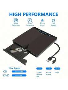 Compact 7-In-1 USB 3.0 CD/DVD Drive | Multi-Functional, Portable & Plug-And-Play | Compatible With Laptops, Desktops, PCs & Macs | High-Speed Data Transfer | No Battery Needed | Ideal For Music & Video Transfe - 黑色 - 查看 6