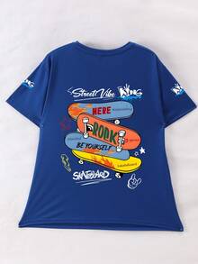 青少年男童滑板印花圆领T恤，夏季休闲柔软上衣 - 藍色 - 查看 2