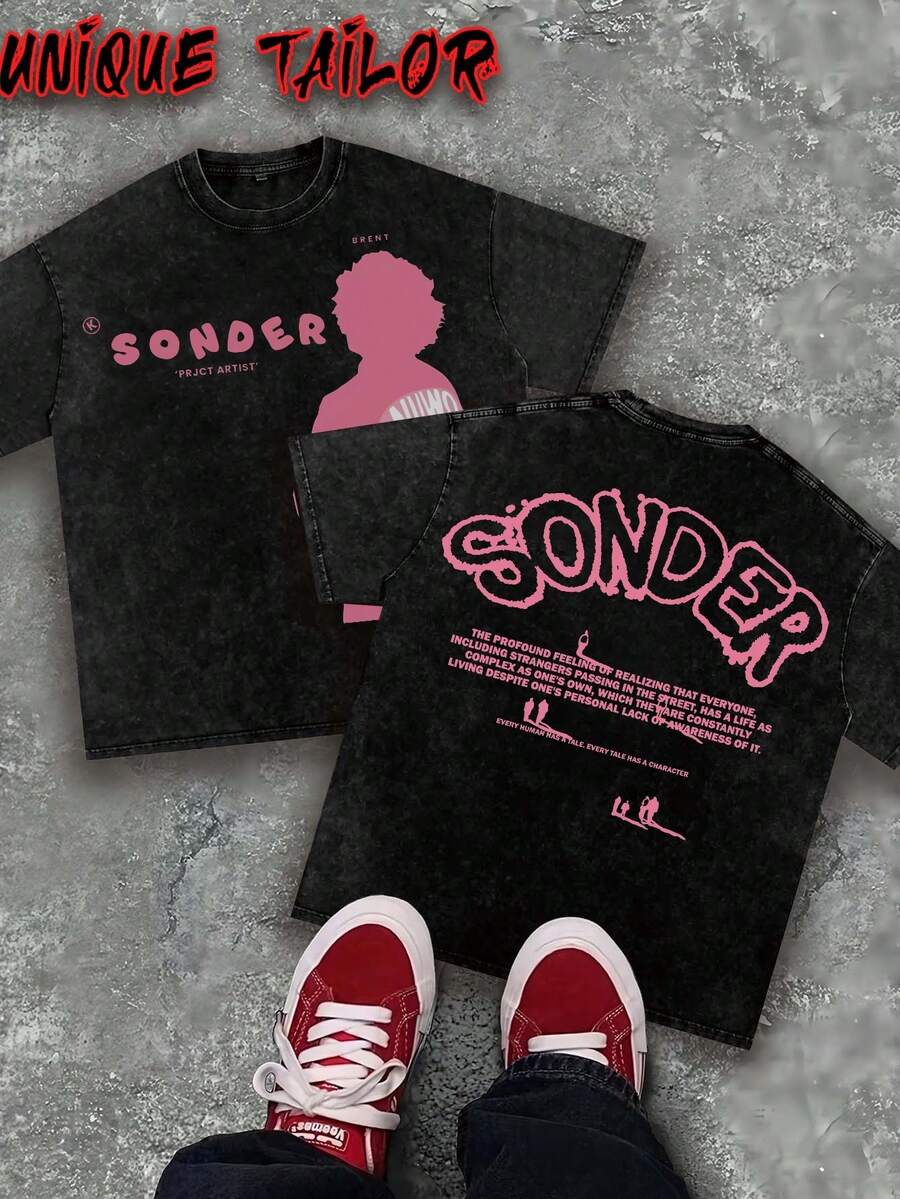 Unique Tailor - (230g Pure Cotton) Men's Retro Pink Text "SONDER" Figure Thinking Pattern Printed T-Shirt, Soft Washed Cotton Round Neck Top, Suitable For Casual - Machine Washed Daily Summer Essentials, Outdoor Clothing, Retro Style, Breathable Fabric, Short Sleeved T-Shirt, Y2K Style - Black - View 1