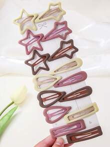 15个/套 女孩/青少年哑光棕色星星、爱心、水滴可爱发夹，刘海/侧边发夹，日常使用 - 彩色 - 查看 8