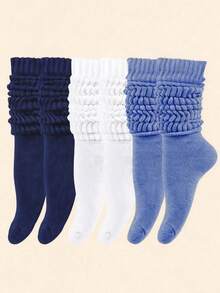 1/3/6 Pairs (Random Delivery) Unisex Blue Series Knitted Mid-Calf Socks, Soft Slouch Socks For Autumn/Winter, Casual European And American Daily Outfit - Multicolor - View 1