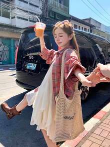 女士休闲格子长袖衬衫，复古口袋设计，宽松版型，秋冬百搭上衣 - 粉色 - 查看 2