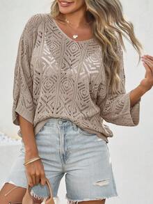 Women Crochet Hollow Out Cover Up Top Off Shoulder 3/4 Sleeve Lightweight Mesh Boho Summer Beachwear - Khaki - View 2