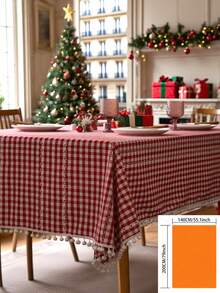 1pc Red Plaid Woven Tablecloth, Vintage American Country Style With Tassel Design, Suitable For Kitchen, Coffee Table, TV Cabinet, Entryway, Versatile For Daily Use, Holidays, Christmas, Home Decor, Family Gatherings, Birthday Parties, Weddings, Banquets - Red - View 12