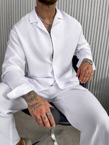 男士两件套度假套装，领衬衫搭配松紧腰长裤，轻盈透气，亚麻质感，白色，适合海滩度假、约会之夜、圣诞礼物、秋季穿着。 - 白色 - 查看 1