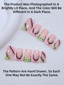 10pcs Y2K Nails Chic Duckbill Press On Nails Set - Handcrafted, Green Nails, Pink Nails, Green And Pink French Tip Nails, Hand Drawn Black Kitten, Hand Drawn Element Design Decoration, Sparkling Exquisite Halloween Nails, - Suitable For Women And Girls, Party, Wedding, Daily Wear, DIY Nail Art, Nail Set, Includes Tool Kit. Duck Nails. Handmade Acrylic Press On Nails. Goth Nails. Nail Supplies - Multicolor - View 4