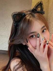1件装女士发箍，带可爱猫耳和黑色蕾丝蝴蝶结，适合生日、派对、节日、表演等场合，发箍式发带，女士发饰，头饰