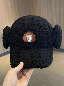 Classic Solid Color New Sherpa Baseball Cap With Ear Flaps For Women, Versatile Embroidered U Letter Fashion Snapback Hat, Polyester Fiber Embroidery Decor, Suitable For Autumn/Winter Street Party