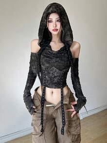 Top Dazzle Streetwear 女士纯色性感露肩长袖 T 恤 - 黑色 - 查看 2