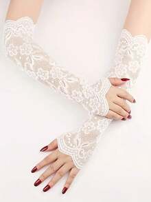 1 Pair Of Women's Dark Black Lace Long-Sleeved Arm Sleeves - Lightweight, Breathable, Elastic. Suitable For Outdoor Cycling, Driving And Summer Activities. Fashionable And Comfortable Fingerless Gloves. Style. - Multicolor - View 7