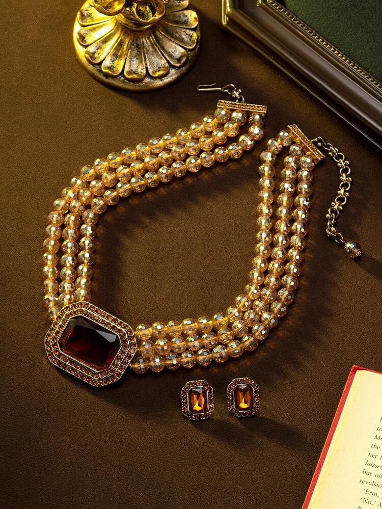 复古优雅奢华小众时尚高端手工珠宝套装，采用合金底座和宝石装饰，包括多层项链和耳环，适合日常佩戴、派对、宴会和送礼 - 彩色 - 查看 2