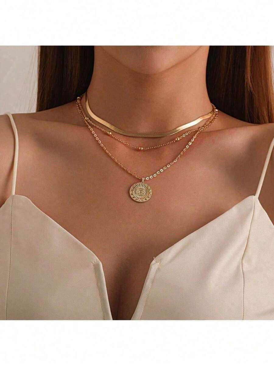 Simple Three-Layer Round Necklace Multilayer Snake Lotus Pendant Multilayer Gold Bead Disc Necklace - Gold - View 1