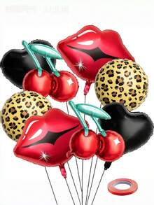 9个单只派对气球 - 黑红铝箔气球套装，包含樱桃、嘴唇和猎豹图案，适合单身派对装饰、女士生日派对和婴儿派对用品