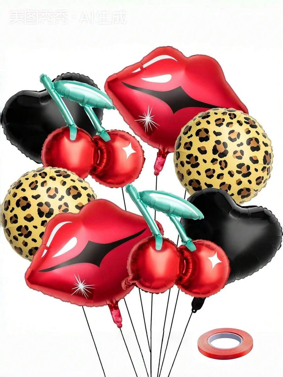 9个单只派对气球 - 黑红铝箔气球套装，包含樱桃、嘴唇和猎豹图案，适合单身派对装饰、女士生日派对和婴儿派对用品