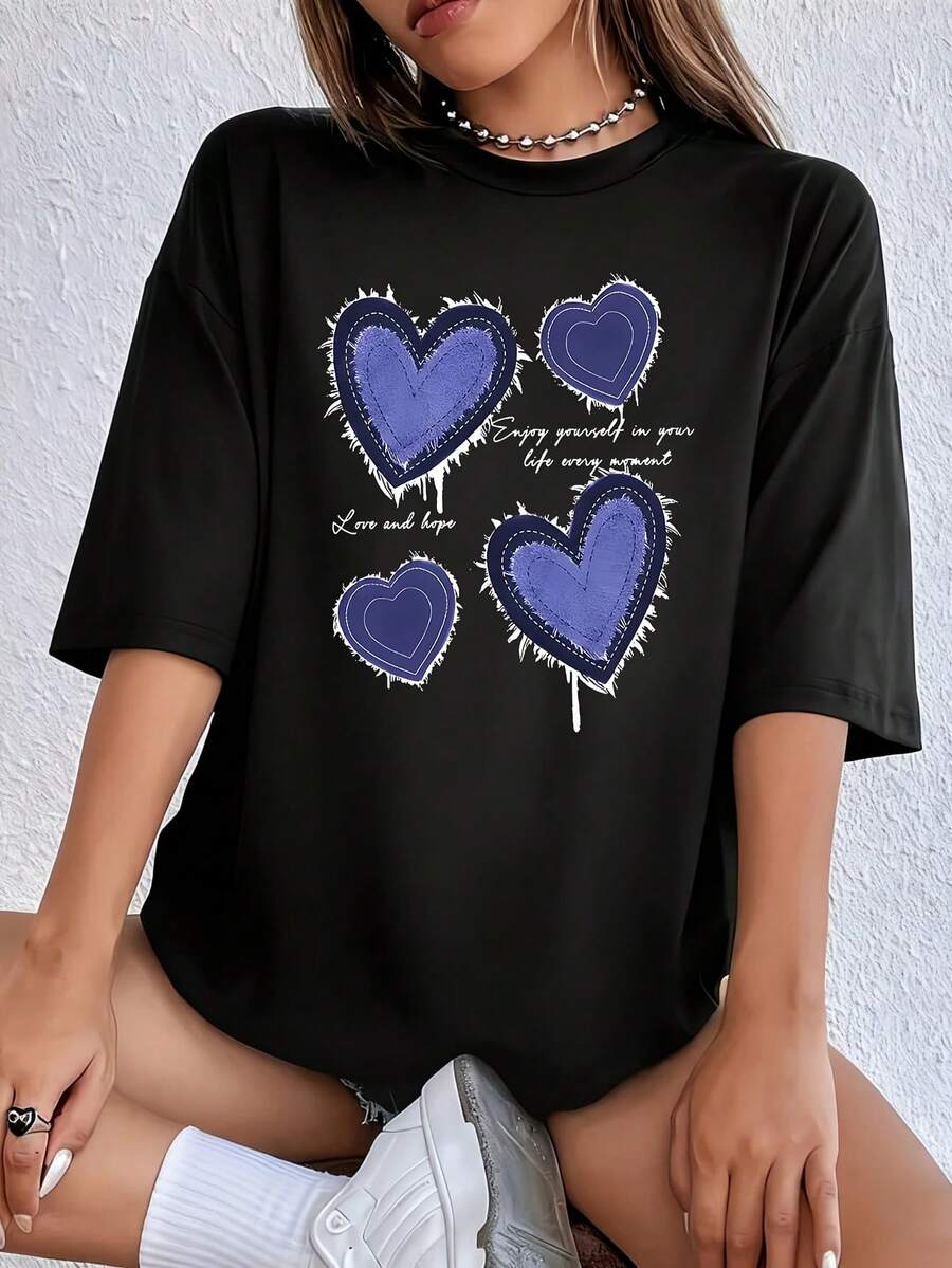 With Letter Prints And Four Heart-Shaped Denim Patterns Women's Plus Size T-Shirt Funny Oversized Graphic Short Sleeve Tee Novelty Shirt Casual Crew Neck Top - 黑色 - 查看 1