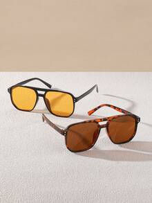 2pcs Women's Square Rhinestone Decorated Fashion Eyeglasses Set, Orange, Black, Yellow, Suitable For Summer Beach, Outdoor Activities And Travel - 2 Pieces (black and Yellow + Leopard Tea) - View 3