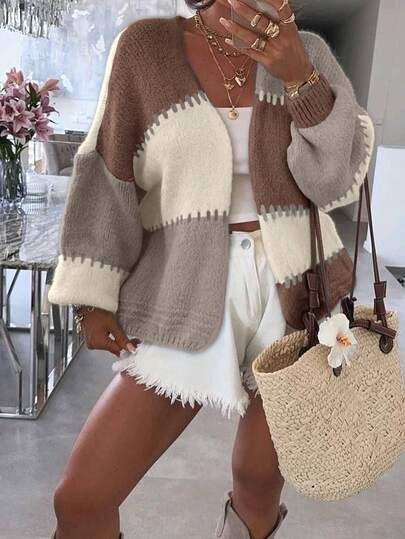 Women's Color-Block Top, V-Neck Long-Sleeved Sweater, Patchwork Color Blocks, Popular In Autumn And Winter, Versatile For All Occasions, Cardigan For Casual Street Wear, Women's Out-Going Tops, Women's Cardigan.