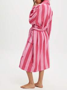 Womens Plush Soft Robe Long Sleeve Belted Striped Bathrobe With 2 Pockets For Spa, Pool - 珊瑚紅色 - 查看 4