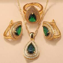 18K Gold Plated Elegant Minimalist Water Drop Jewelry Set, Includes Earrings, Necklace Pendant, Adjustable Ring, Synthetic Cubic Zirconia, Bridal Wedding Fashion Accessories, Suitable For Daily Wear, Christmas, Halloween, Thanksgiving, Valentine's Day, Anniversary