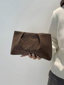 Model Clutch Warna Polos Terbaru untuk Musim Gugur/Dingin, Tas Awan Berlipit, Motif Leopard, Tas Amplop Kasual, Tas Kosmetik, Tas Aksesori Perjalanan, Tas Pelapis, Tas Perlengkapan Mandi, Kantong Penyimpanan - Kopi - View 6