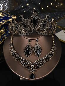 哥特式新娘四件套：皇冠、项链、耳环、婚礼配饰，适合万圣节化妆舞会 - 黑色 - 查看 6