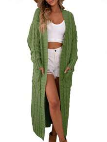 Women's Open Front Long Sleeve Cardigan Oversized Chunky Cable Knit Fall Sweater Coat With Pockets - Army Green - View 5