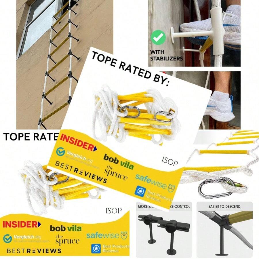 High Capacity Fire Rescue Ladder 16ft Fire Escape Ladder For 2 Story Homes - Flame Resistant Safety Rope Ladder With Stand-Offs, Up To 2000lb Capacity Flame Resistant Safety Ladder With Stabilizers