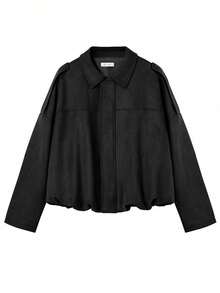 Women's Fall Fashion Faux Suede Bomber Coat Oversized Cropped Zip Up Lapel Casual Outerwear - Black - View 5