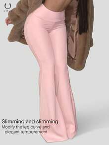 UMII 女士浪漫粉色蝴蝶结喇叭裤，高腰弹力喇叭裤腿约会之夜长裤 - 粉色 - 查看 4